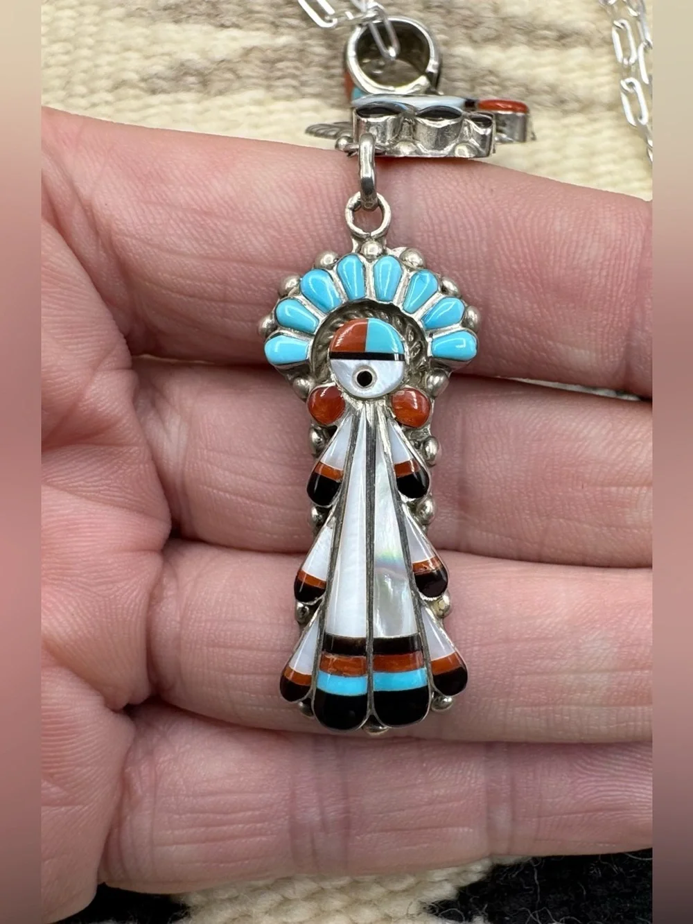 Ruth Lonjose Zuni Sterling Silver Turquoise Multi Stone Sunface Pendant Necklace